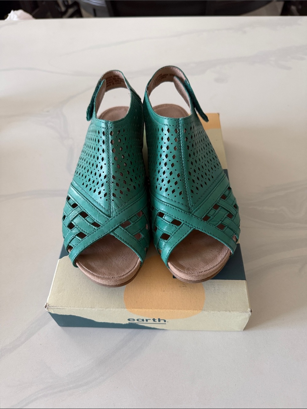 Earth Teal Open-Toe Perforated Leather Sandals